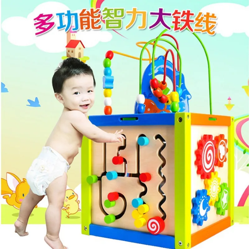 

Acool Wooden Children'S Educational Multi-functional Large Iron Wire Bead-stringing Toy Six-Sided Treasure Chest Early Education