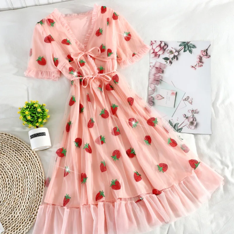 

Sequins Strawberry Dress Women Elegant Pink Mesh Lace-up Puff Sleeve V-neck Holiday Party Dresses Female Luxury Princess Dress