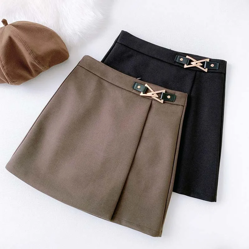 

Wasteheart Winter Women Black Coffee Fashion A-Line Mini Skirt All-match Clothing Plus Size Short Skirt Belt Bodycon Woolen