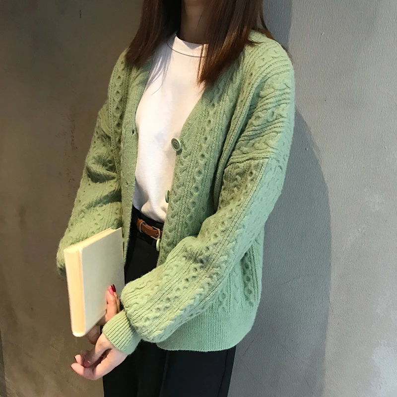 Mooirue, свитер, пальто, вязаный кардиган с цветами, розовый, синий, белый, свободный, весна, женский свитер в Корейском стиле, свитер - Цвет: Зеленый
