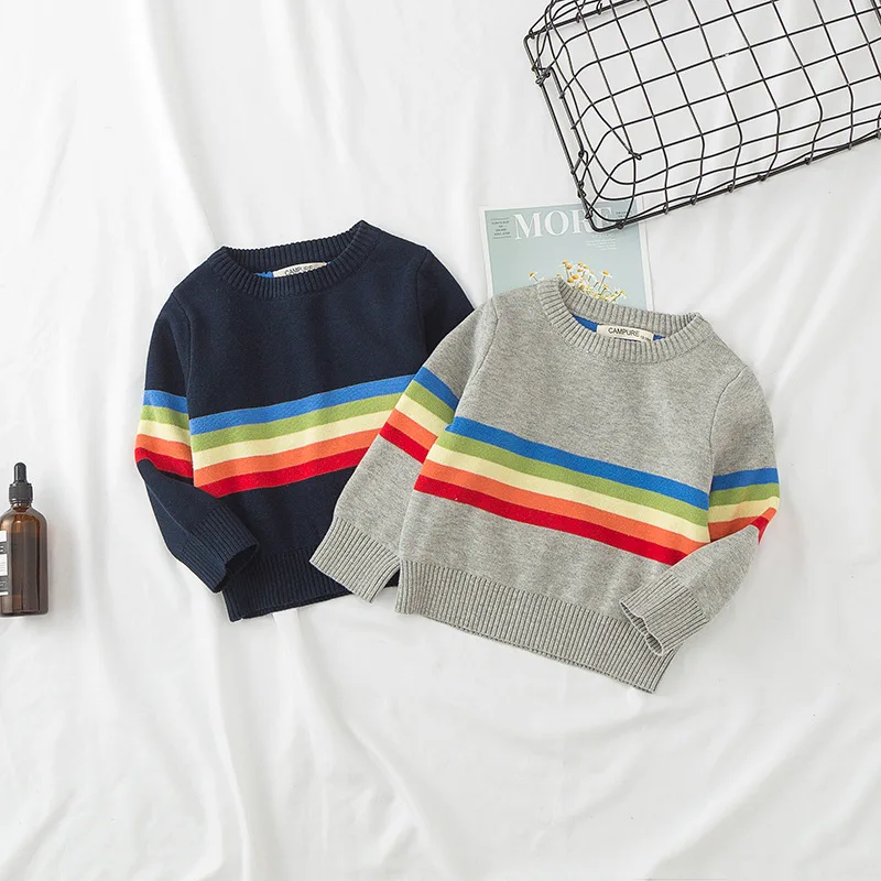 

INS CHILDREN'S Sweater 18 New Style Korean-style Multi-color Stripe Rainbow Pullover Double Layer Knit Men And Women Children Ki