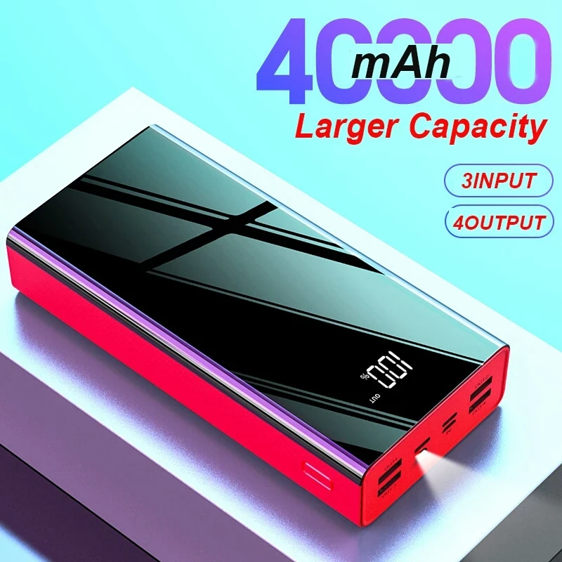 40000 мАч Внешний аккумулятор, зеркальный светодиодный внешний аккумулятор, а, быстрая зарядка, 4 USB выхода, зарядное устройство для телефона xiaomi huawei