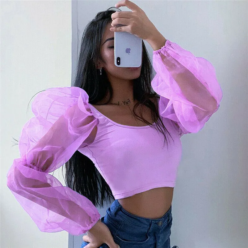 

Trendy Women clothes long Sleeve Deep Square Neck transparent Tops casual pullover Polyester T-Shirts one pieces