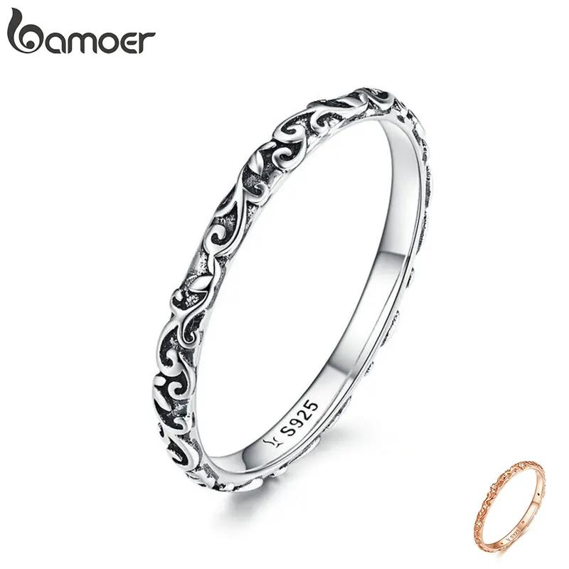 BAMOER кольцо с гравировкой, настоящее 925 пробы, серебряное, черное, тибетское, серебряное, маленькие кольца на палец, унисекс, хорошее ювелирное изделие SCR513