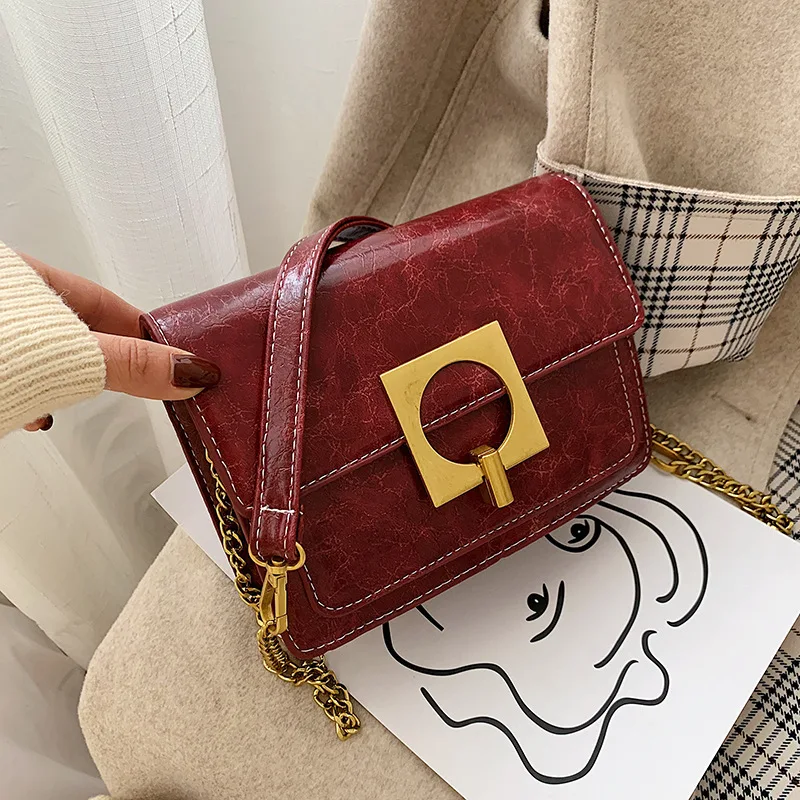 

New Style Retro Bag Women's Korean-style Retro Chain Shoulder Bag Oblique PU Leather Solid Color Square Sling Bag