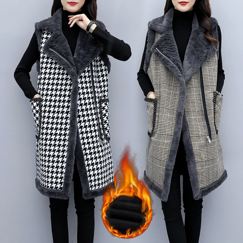 Зимний женский жилет из овечьей шерсти и хлопка длинный клетчатый шерстяной без
