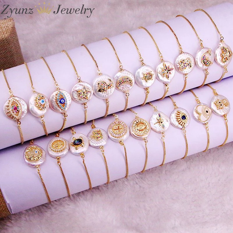 12PCS, 18-20MM Natural Pearl ＆CZ Pave Eye Hamsa Hand Star Insect Heart Shape Gold Bracelet Women Fashion Charm Bracelet Jewelry