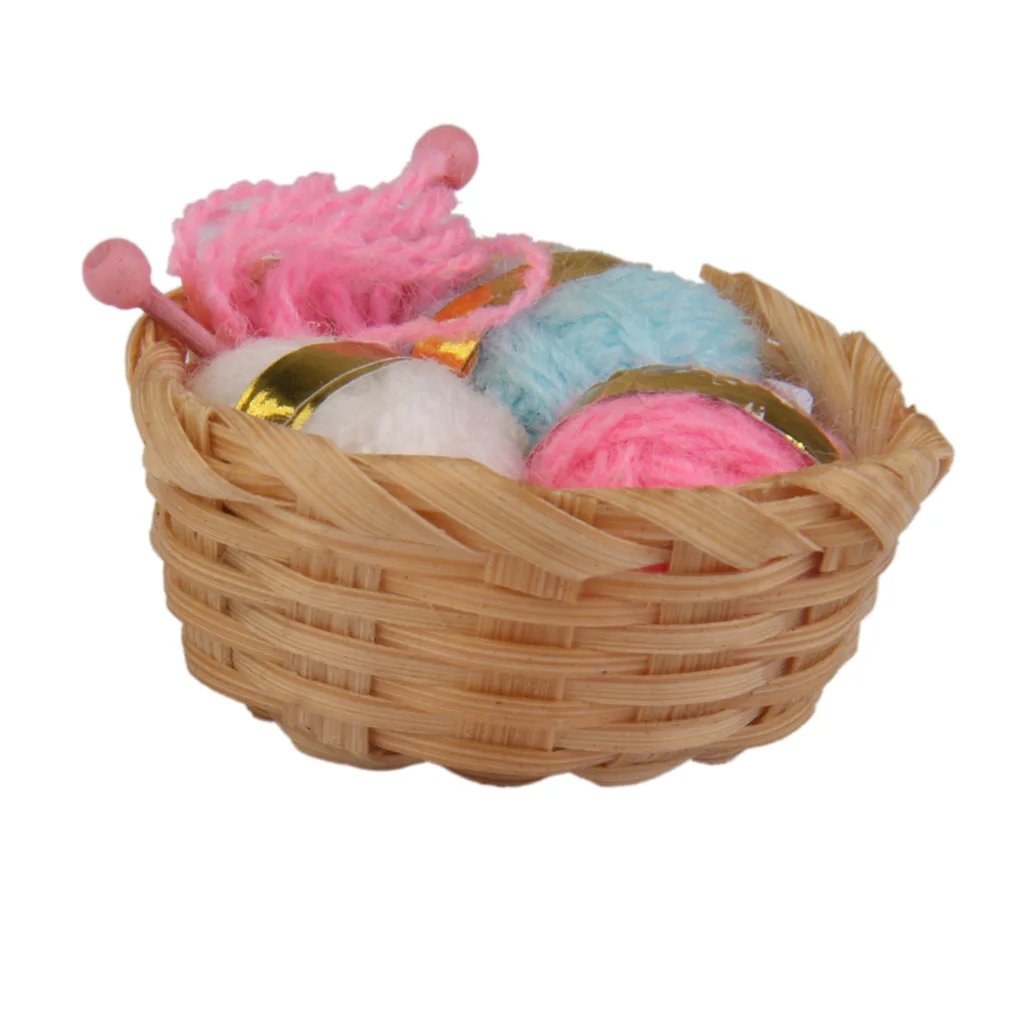 1/12 Knitting Work Bamboo Basket w.Woolen Threads Needle Dollhouse Accessory