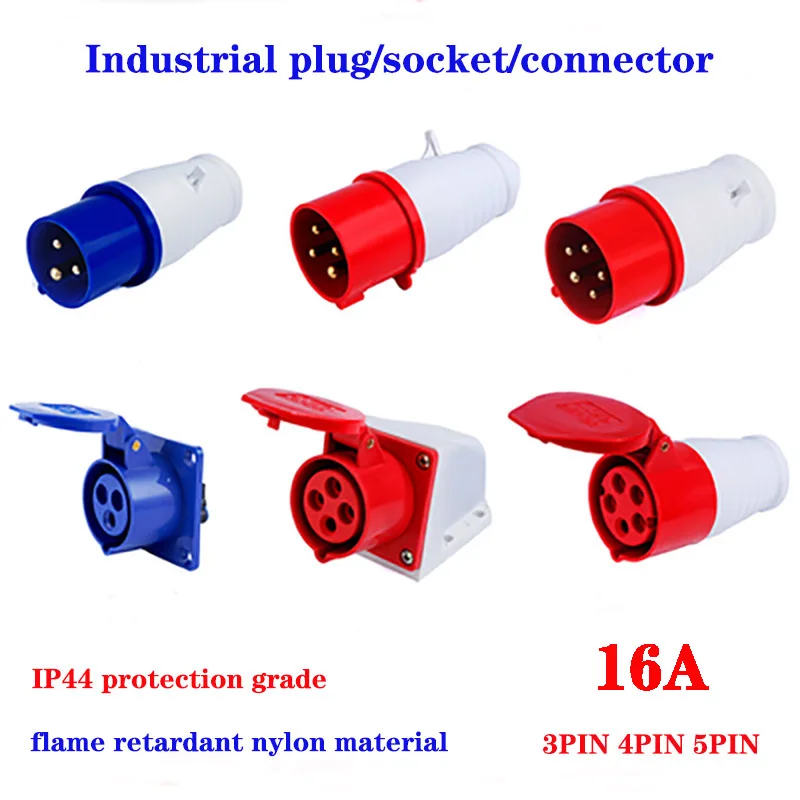 16A Industrial Plug And Socket Waterproof Connector 3PIN 4PIN 5PIN IP44 Waterproof Electrical Connection Wall Mount Socket