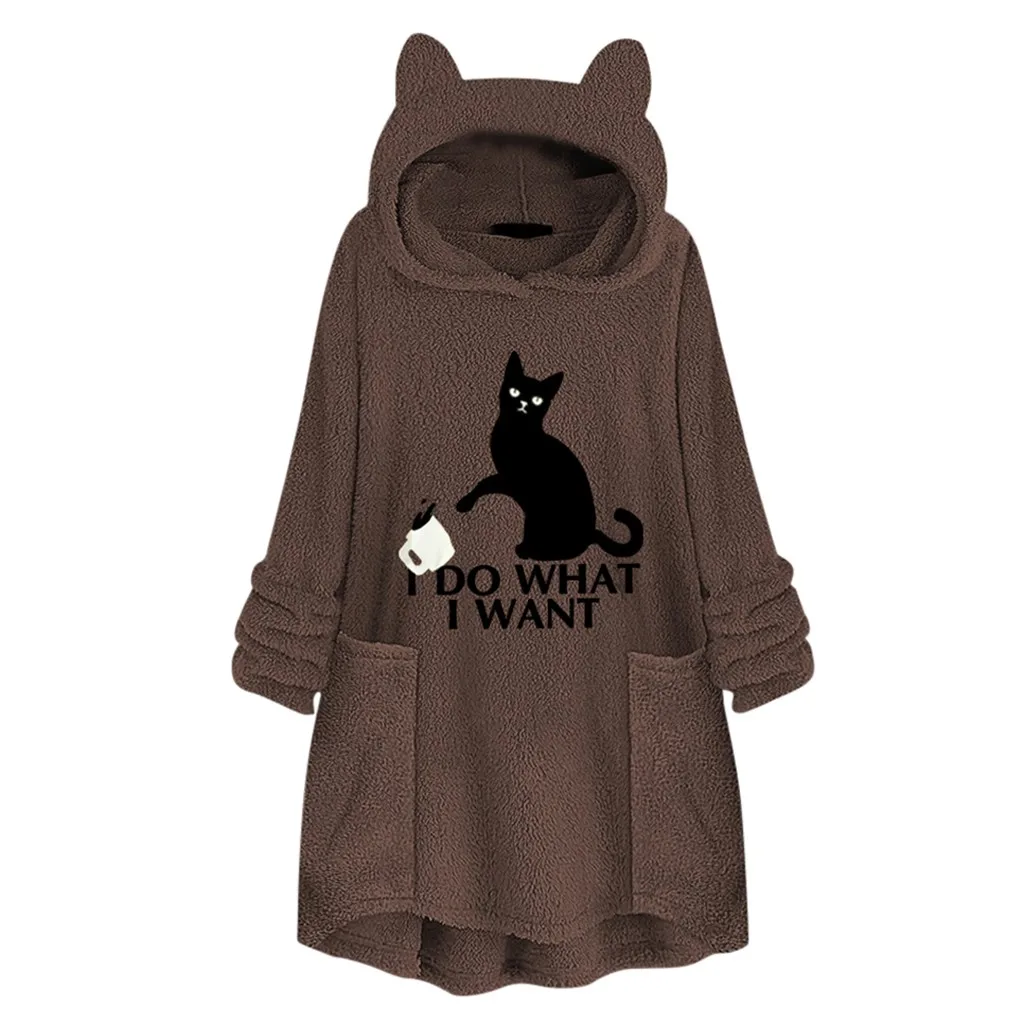 Hoodies Sweatshirt Women Cat Print Long Fleece Pullovers Warm Embroidery Kawaii Roupas Pocket Cat Ear Plus Size Oversize Hoodies
