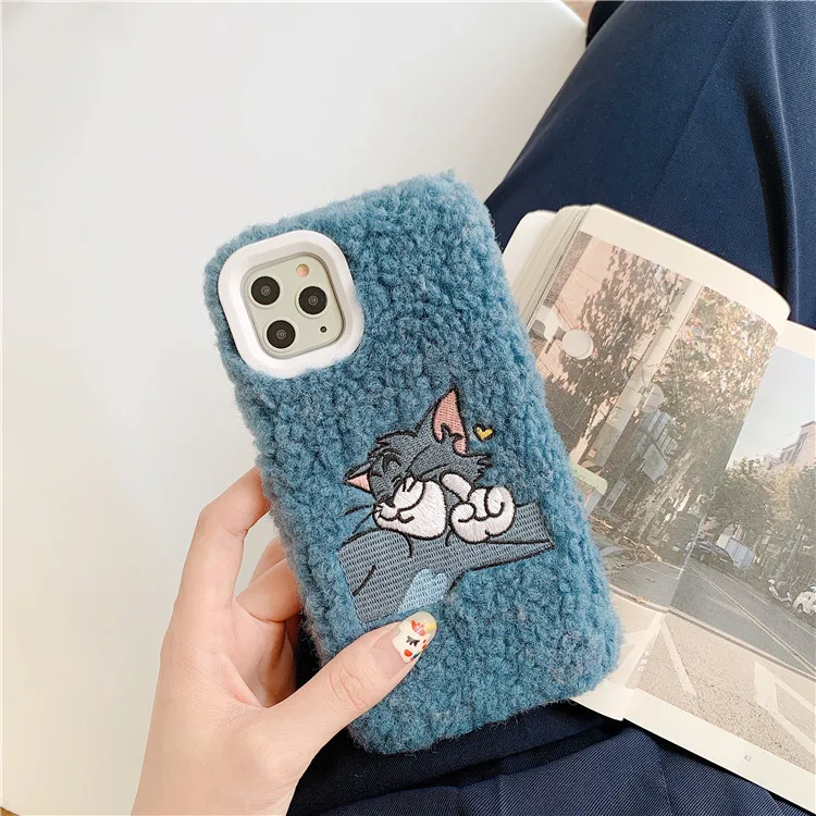 blue Мультяшные Меховые чехлы для iPhone X XS XR 11 Pro Max 7 8 Plus Tom and Jerry, теплая милая мягкая плюшевая задняя крышка для телефона, чехол - Цвет: blue