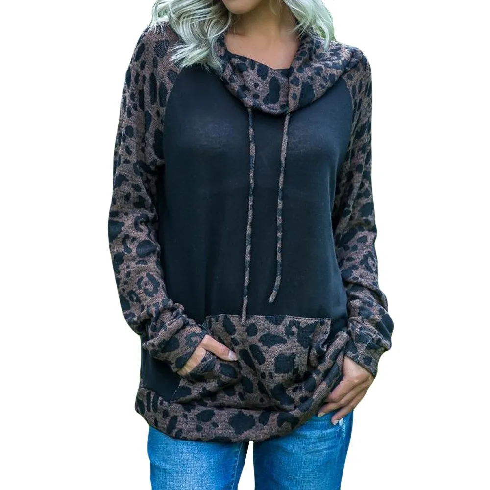 Женская толстовка с длинным рукавом и леопардовым принтом капюшоном карманом