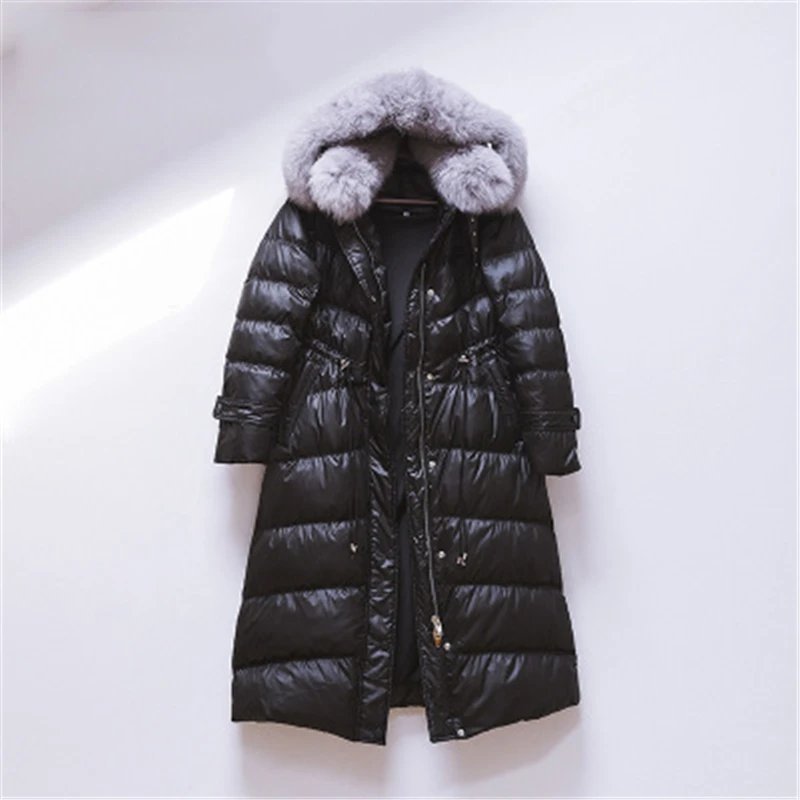 

Winter Women Down Coats Fox Fur Collar Female Down Parkas Long Coats White Duck Down Coats Belt Hooded Thicken Warm Women's Coat