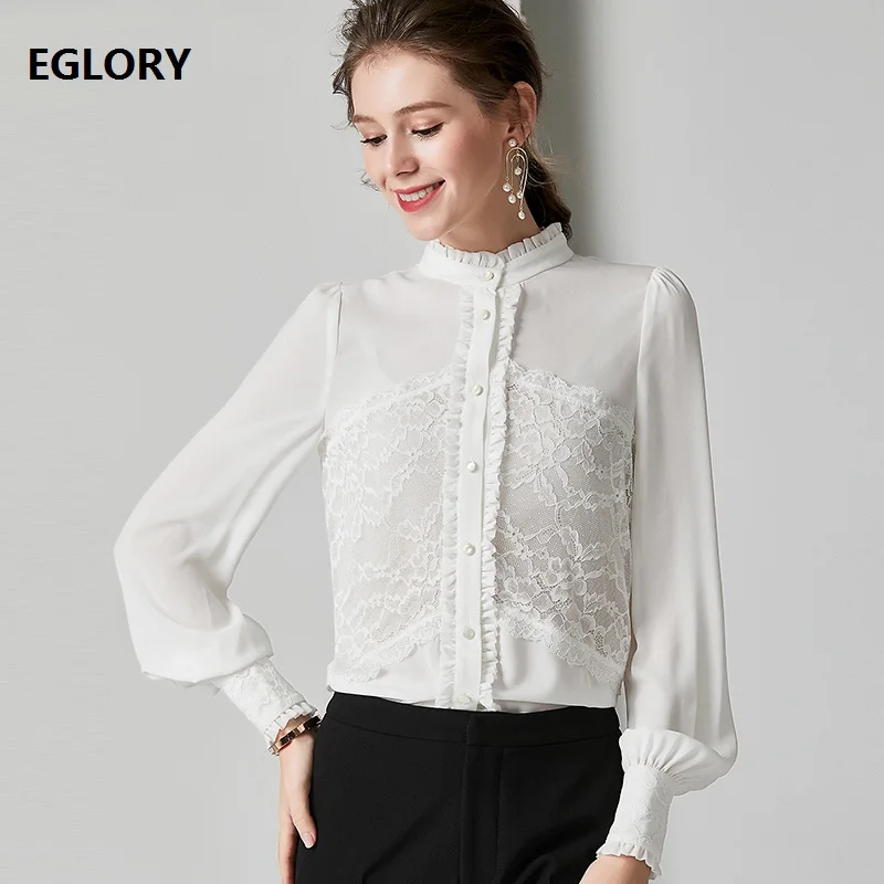 Tops Fashion Blouse Shirts Autumn White Black Shirt Women Ruffled Collar Lace Patchwork Long Sleeve Elegant Shirt Blusas