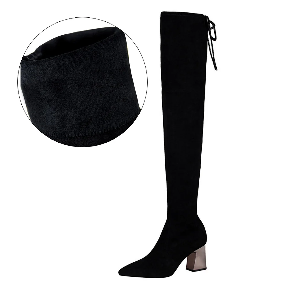 Black plush Осень-зима ; новые эластичные сапоги выше колена; женская обувь на шнуровке и толстом высоком каблуке; женские эластичные высокие сапоги; WB009 - Цвет: Black plush