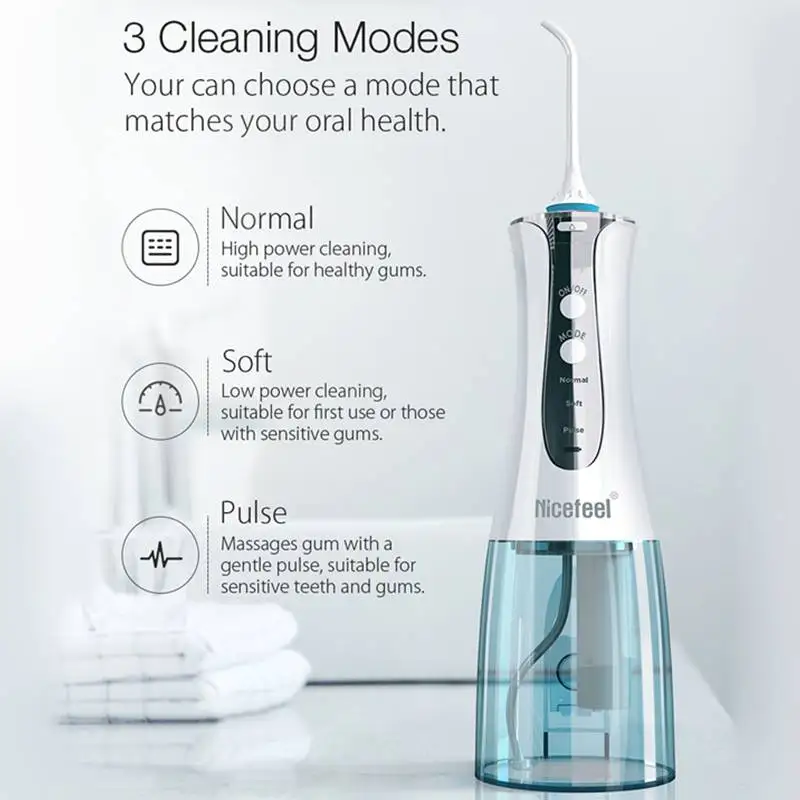 Goedkoop Nicefeel Monddouche USB Oplaadbare 3 Modes Draadloze Water Tandheelkundige Flosser Waterdicht Tanden Cleaner met 2 Jet Tips 300ml