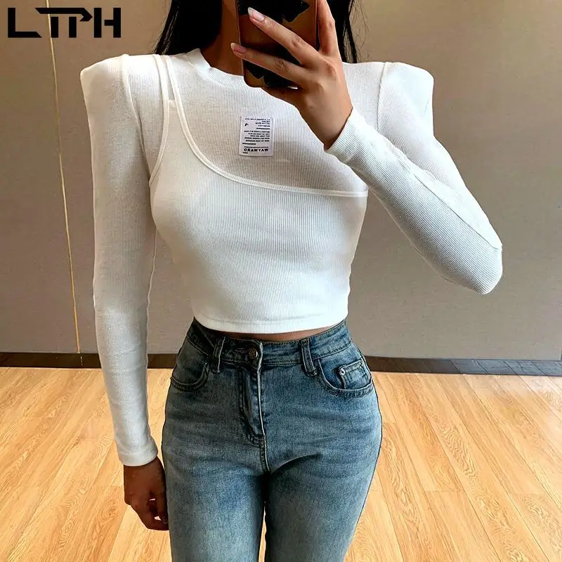 

LTPH Fashion fake two-piece Long Sleeve Top tight sexy shoulder small design Short woman tshirts Base white Tops 2020 Autumn New