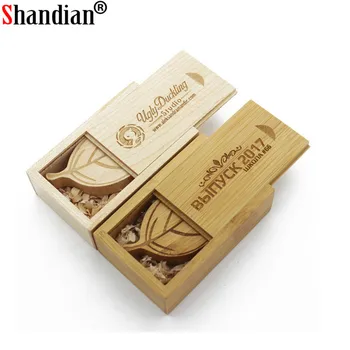 

SHANDIAN USB 2.0 1PCS free custom logo wooden leaf + box usb flash drive Memory stick leaves pendrive 4GB 16GB 32GB 64GB gift