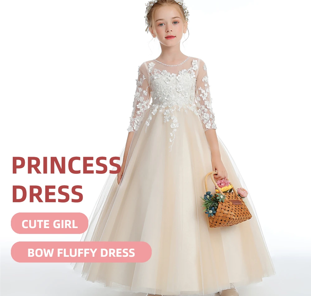 Puffy Tulle Appliques Baby Ball Gown Flower Girl Dresses Long Sleeve Princess Dress Wedding Party Dress First Communion