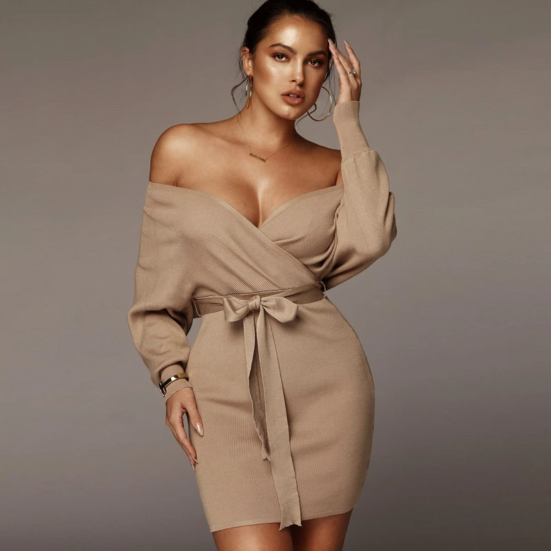 360-Brown Justchicc, розовые вязаные платья с бусинами, Осень-зима, платье с длинным рукавом, бодикон, v-образный вырез, женское платье миди, вечерние платья, платья Feeme - Цвет: 360-Brown