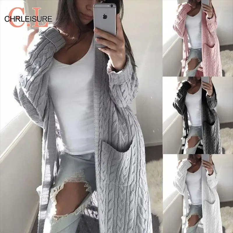 

CHRLEISURE Spring Autumn Knitted Crochet Sweater for Women Long Twisted Cardigan Dress Female Open Stitch Cardigan Coat Women