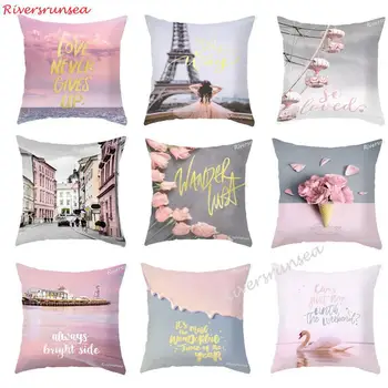 

Simple Pink Flower Pillow Covers Decorative Eiffel Tower Building English Letter Cushion Cover Swan Scenery For Home Girl Room