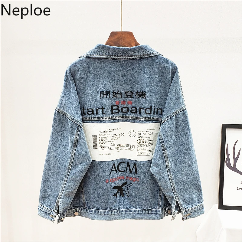 

Neploe Harajuku Women Demin Coat Letters Embroidery Jeans Jacket 2019 Spring Autumn Fashion Hole Pockets BF Cowboy Street 54331