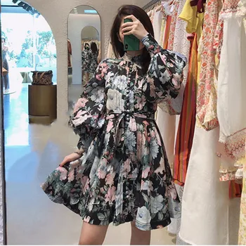 

2019 Summer New Women Dress Fashion Cotton Print Long Sleeves Ladies Dress Single-breasted Europe Women Clothing B635