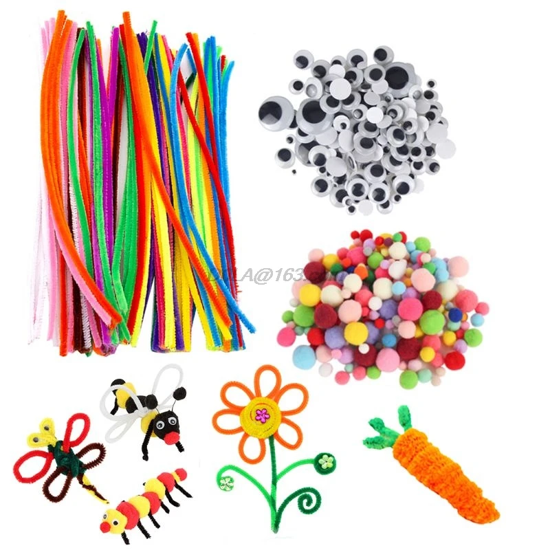 Juego de 500 Uds. De limpiadores de tubos para hacer actividades de bricolaje, para hacer proyectos escolares, Ojos de Google, chenilla, pompones de arte para niños, Set de suministros para manualidades