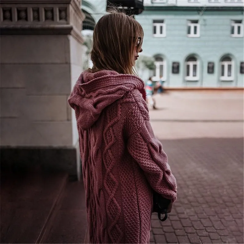 Женские свитера зима размера плюс длинный свитер пальто корейский вязаный свитер с капюшоном куртка длинные женские кардиганы шерстяной свитер
