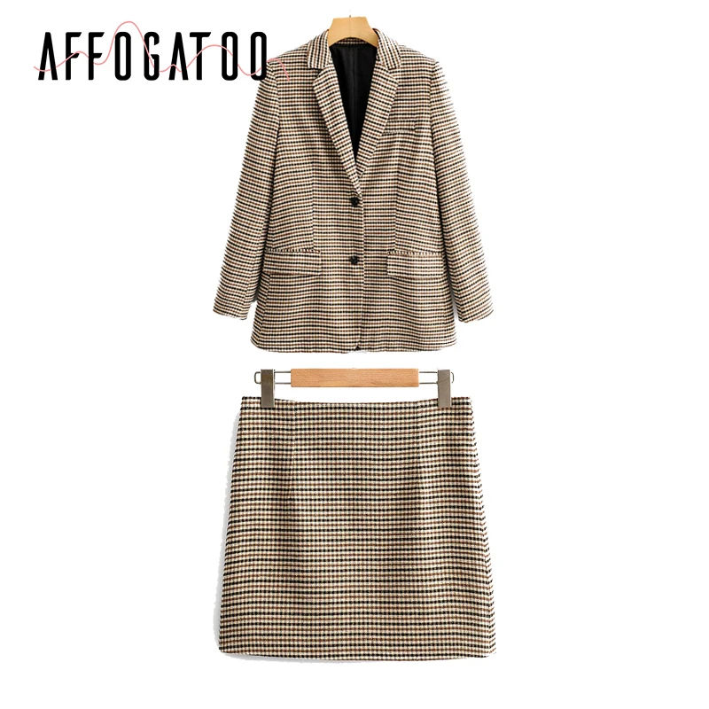 two-piece set Afogaoo элегантный клетчатый Блейзер на пуговицах, костюмы для женщин, длинный рукав, карманы, Женский блейзер, юбка, набор, модный офисный Женский блейзер, наборы - Цвет: two-piece set