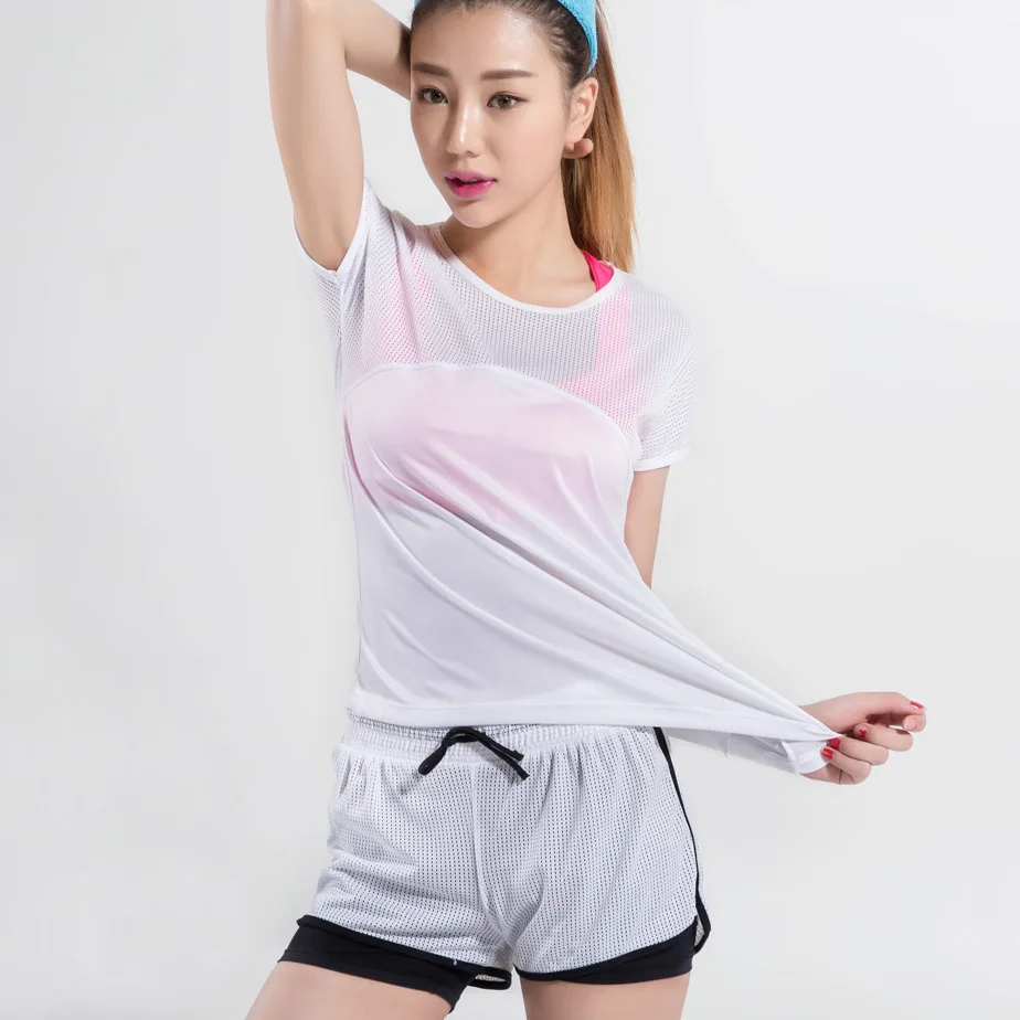 

Yoga Clothes Suit Sports Slimming Gauze Short Sleeve Profession Running Quick-Dry Workout Clothes Mesh Shorts WOMEN'S Suit