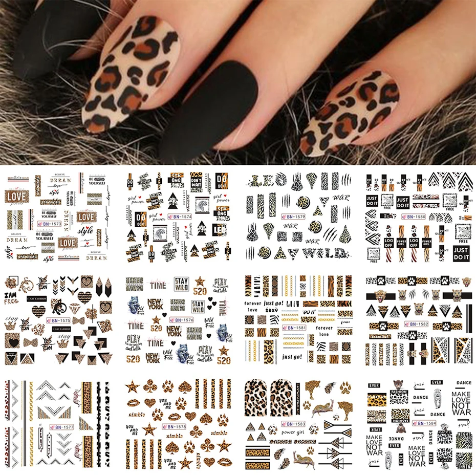 12pcs Leopard Sexy Animals Stickers for Nails Letter Designs Water Tattoo Foil Nail Art Decals Gel Polish Slider GLBN1573-1584-1