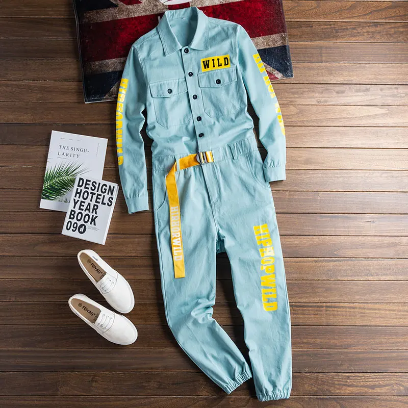 Men Spring Overalls Jumpsuit Cotton Letter Print Beam Feet Coverall Pants Multi Pocket Workwear Loose Trousers