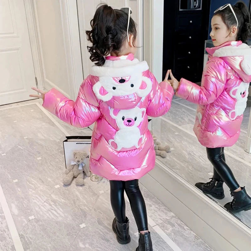 novo urso bonito meninas casaco inverno quente para baixo jaquetas para meninas longo com capuz parkas snowsuit crianças outerwear prova água anos