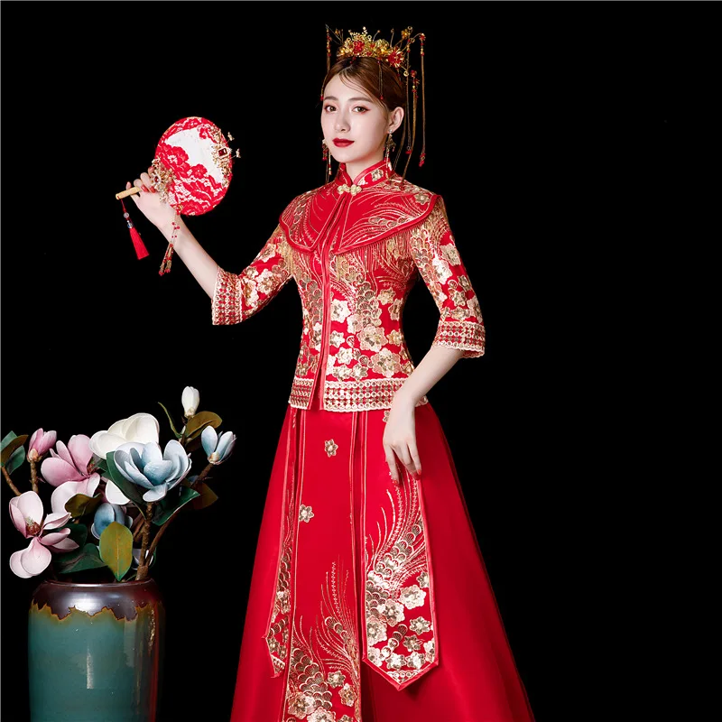 Красное свадебное платье Cheongsam с блестками и цветами в винтажном китайском стиле; торжественное платье в сеточку; костюм невесты; традиционный костюм в стиле Тан с вышивкой; Qipao