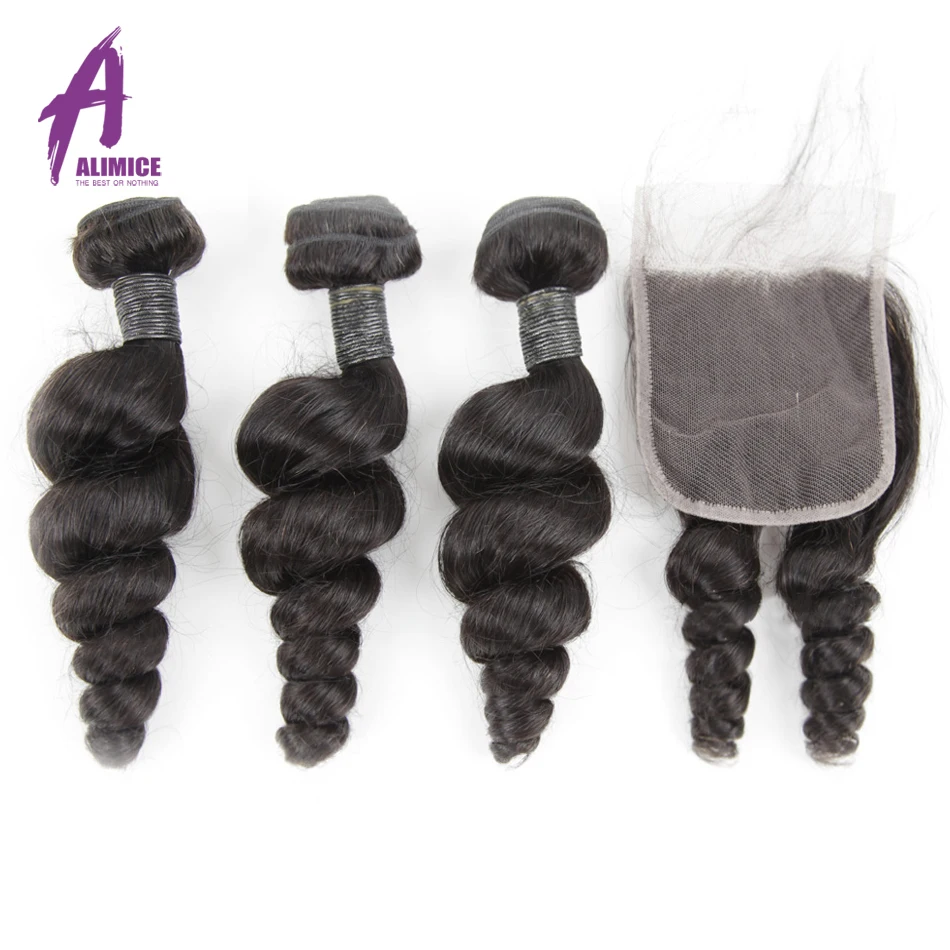 Alimice волосы индийские свободные волнистые в наборе с закрытием 100% Remy человеческие волосы 3 Связки с 4*4 Кружева Закрытия