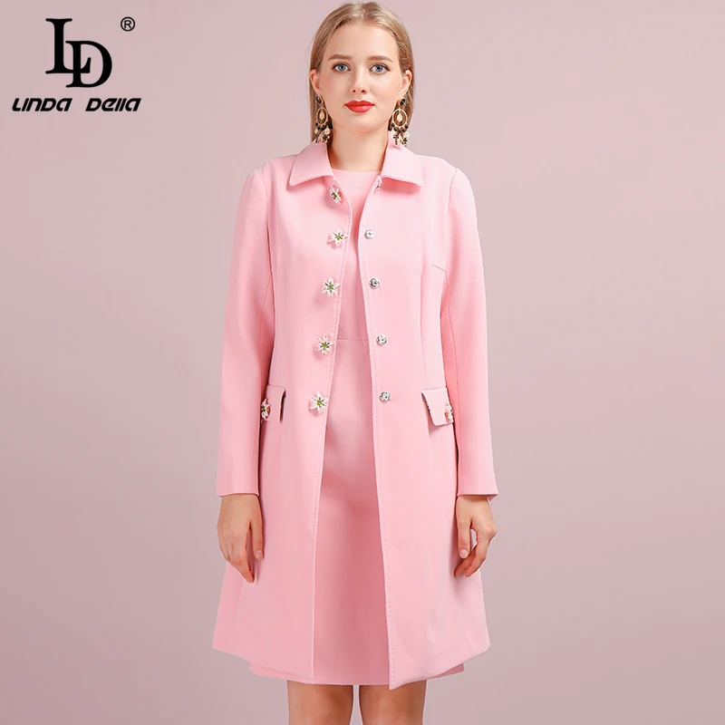 

LD LINDA DELLA Fashion Autumn Winter Pink Outwear Women's Coats Long Sleeve Pockets Button Elegant Casual Office Lady Overcoat
