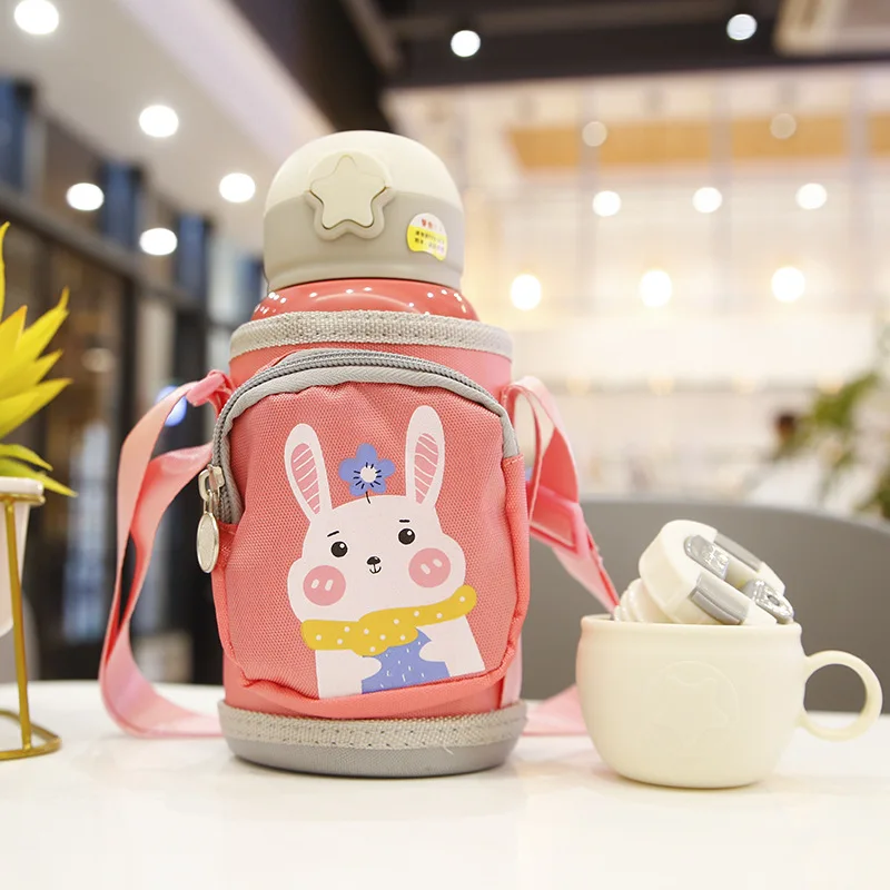 Rabbit 600 мл мультфильм Единорог нержавеющая сталь вакуумная колба кружка термос для детей Детский портативный милый соломенная бутылка для воды с сумкой - Цвет: Rabbit