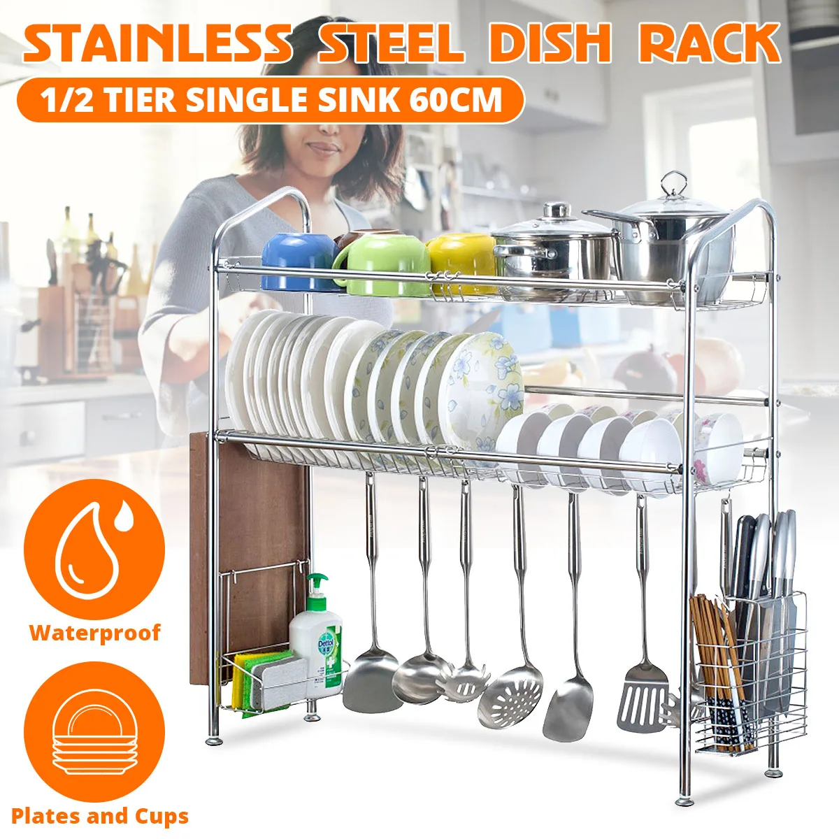 

1/2Tier 70/90cm Stainless Steel Dishes Rack Dual Sink Drain Rack Kitchen Oragnizer Rack Dish Shelf Countertop Utensils Holder