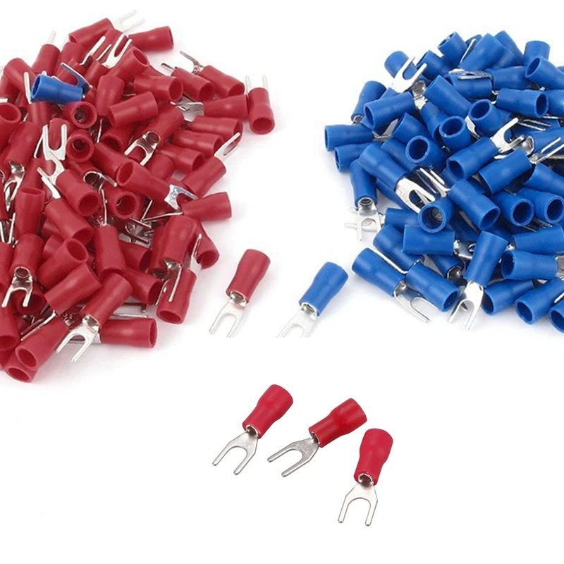 RED 200 Pack . MIXED FORK TERMINALS BLUE and YELLOW Crimp Connectors 