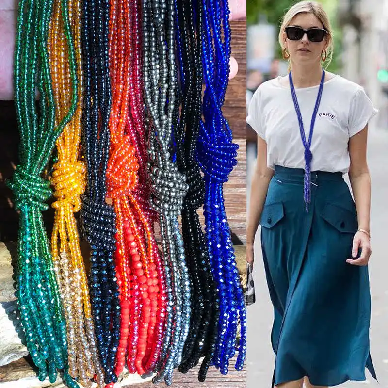 Fashion Bohemian color bead multi layer bead necklace women's long tassel crystal sweater chain