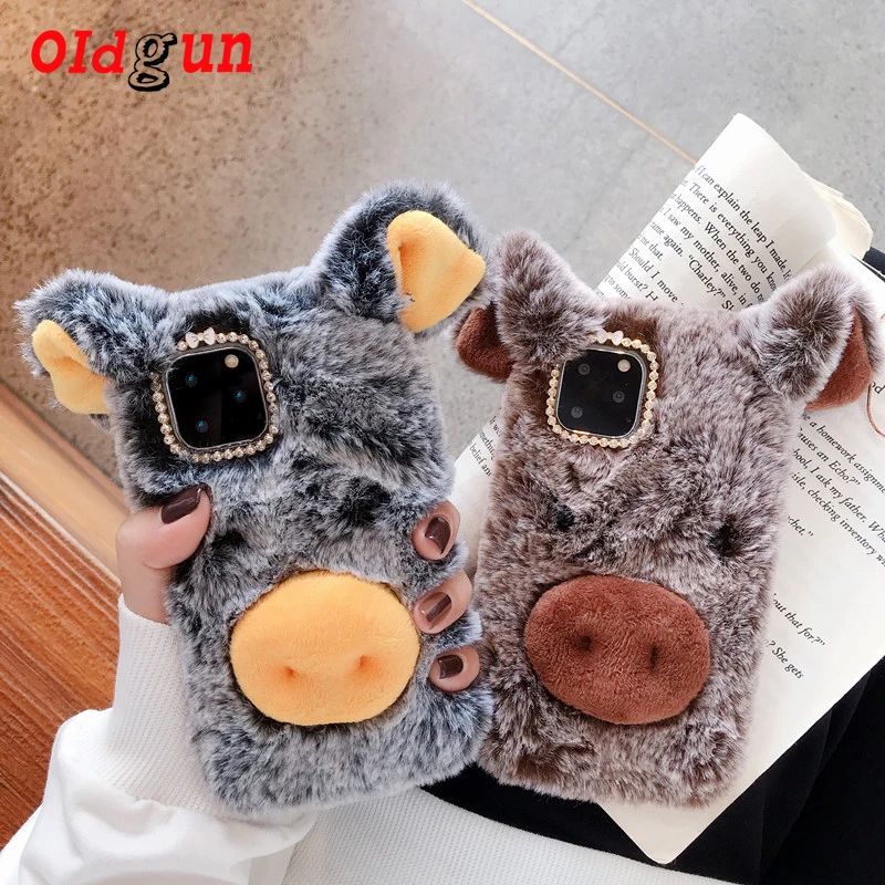 

2019 new direct plush pig for iPhone 11case iPhone 11pro max XS max cute plush pig fashion autumn and winter mobile phone bag