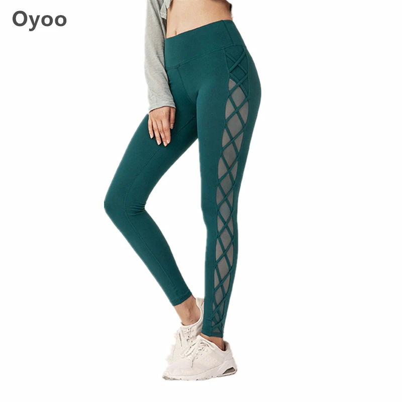 Oyoo щеткой ткани с высокой талией для йоги брюки боковые сетки Crisscorss леггинсы для фитнеса бега Femme леггинсы для тренировок и бега