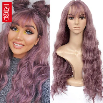 

YunRong Long Water Wave Women Wig with Bangs Pink Red Brown Color Synthetic Hair Cosplay Wig For Female Heat Resistant Fiber