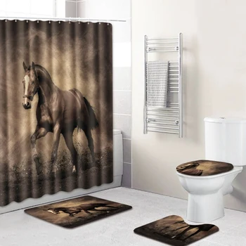 

180X180Cm Waterproof Bathroom Shower Curtain Toilet Cover Mat Non-Slip Rug Set 6 Hooks