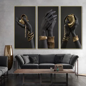 

Canvas Print Black Women Hands and Gold Jewelry Poster African Art Oil Painting On the Wall Large Wall Pictures For Living Room