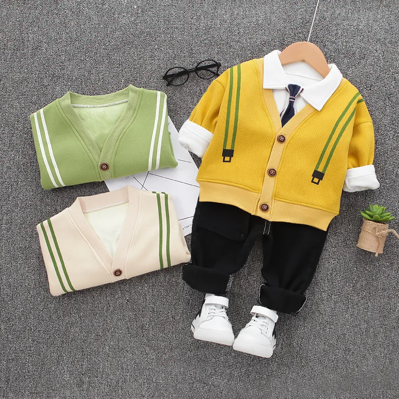 

2019 Autumn And Winter New Style Korean-style plus Velvet Sweater Cardigan Children's Suit Boy's Medium-small Children's Three-p