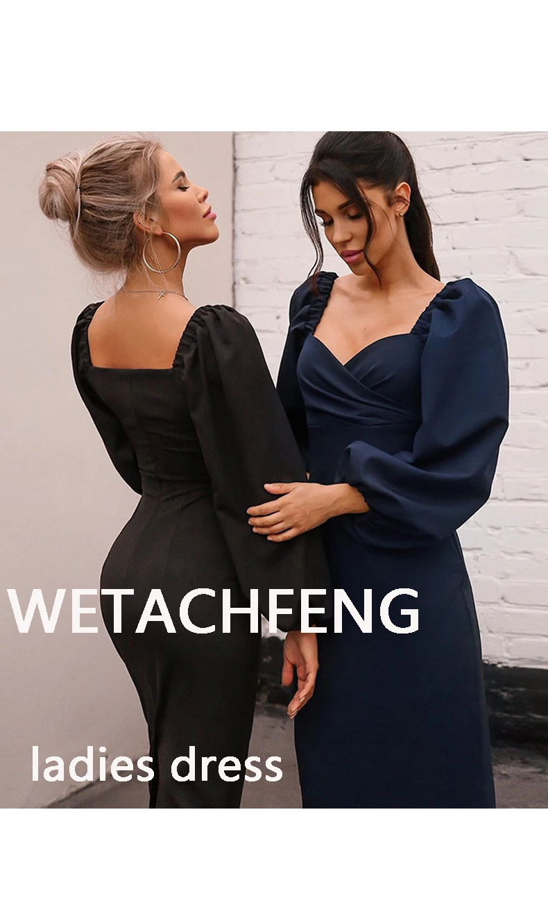 Sexy V-neck Women Dress Elegant Puff Long Sleeve Party Night Dress Ladies Bodycon Fall Long Sleeve Midi Dresses Women Clothing