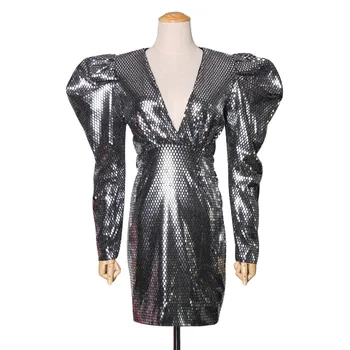 

Wind Splicing Sequins Women's Wear Dress Sexy Deep V Collar Bubble Long Sleeve Gao Waist Mini Dress
